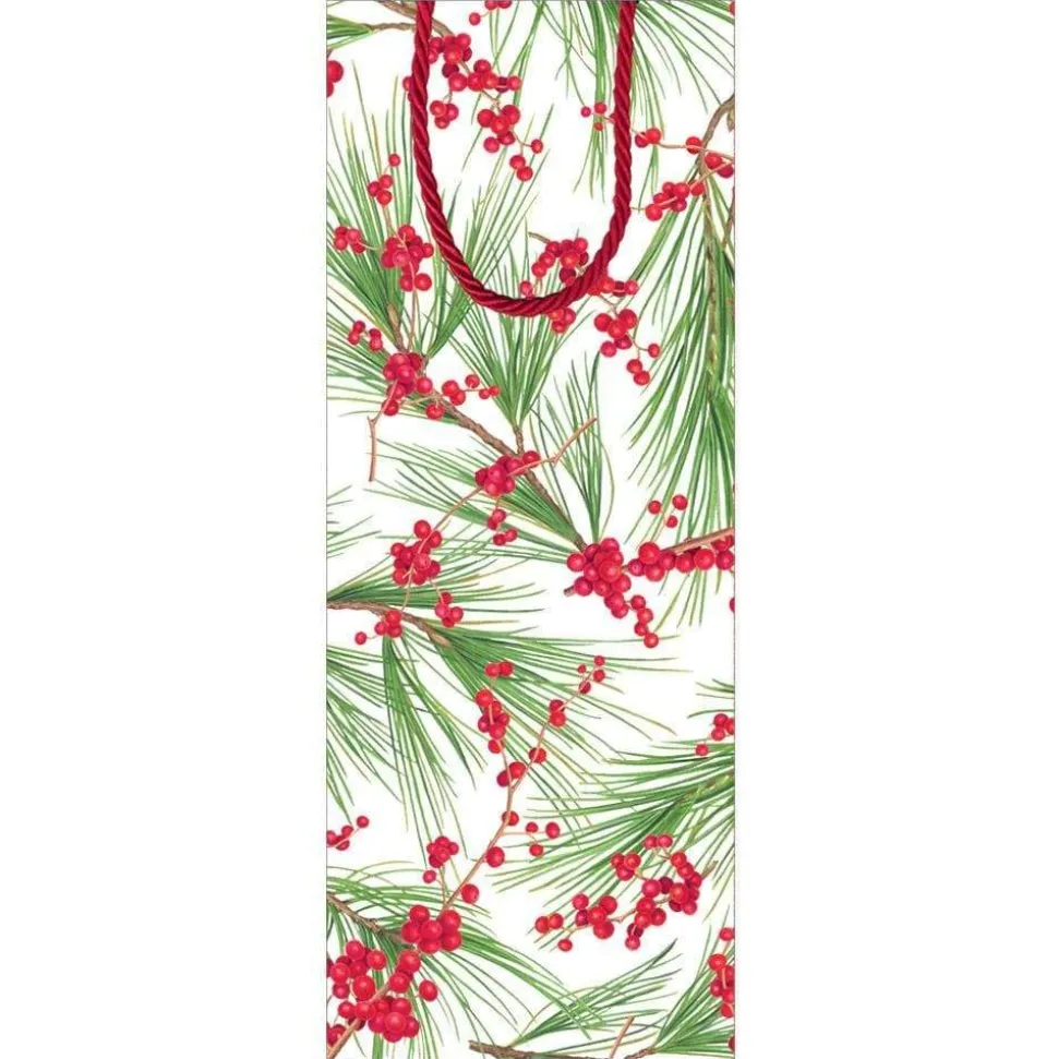 Berries and Pine Wine & Bottle Gift Bag in White - 1 Each
