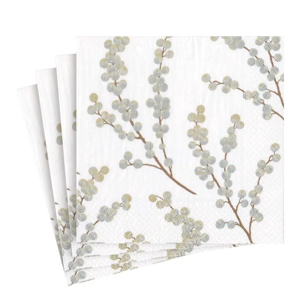 Berry Branches Paper Luncheon Napkins in White & Silver - 20 Per Package