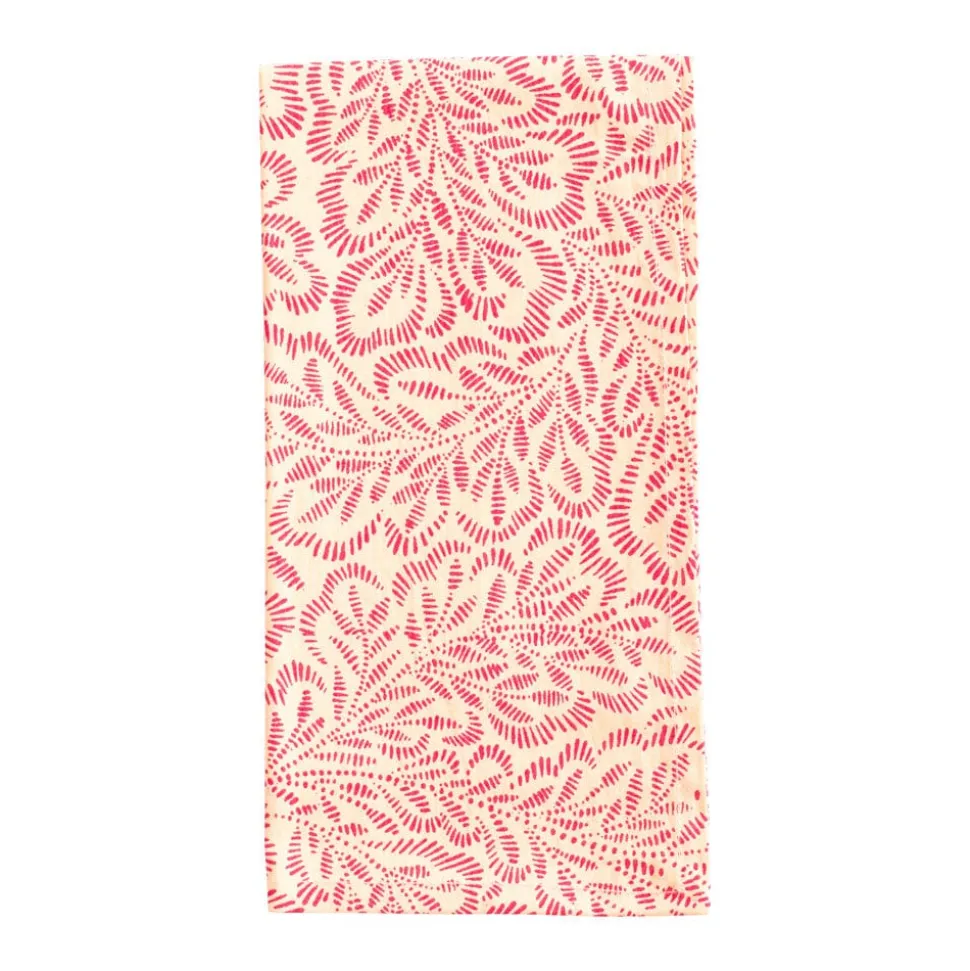 Block Print Leaves Cotton Dinner Napkins in Coral & Fuchsia - Set of 4, Three Sets