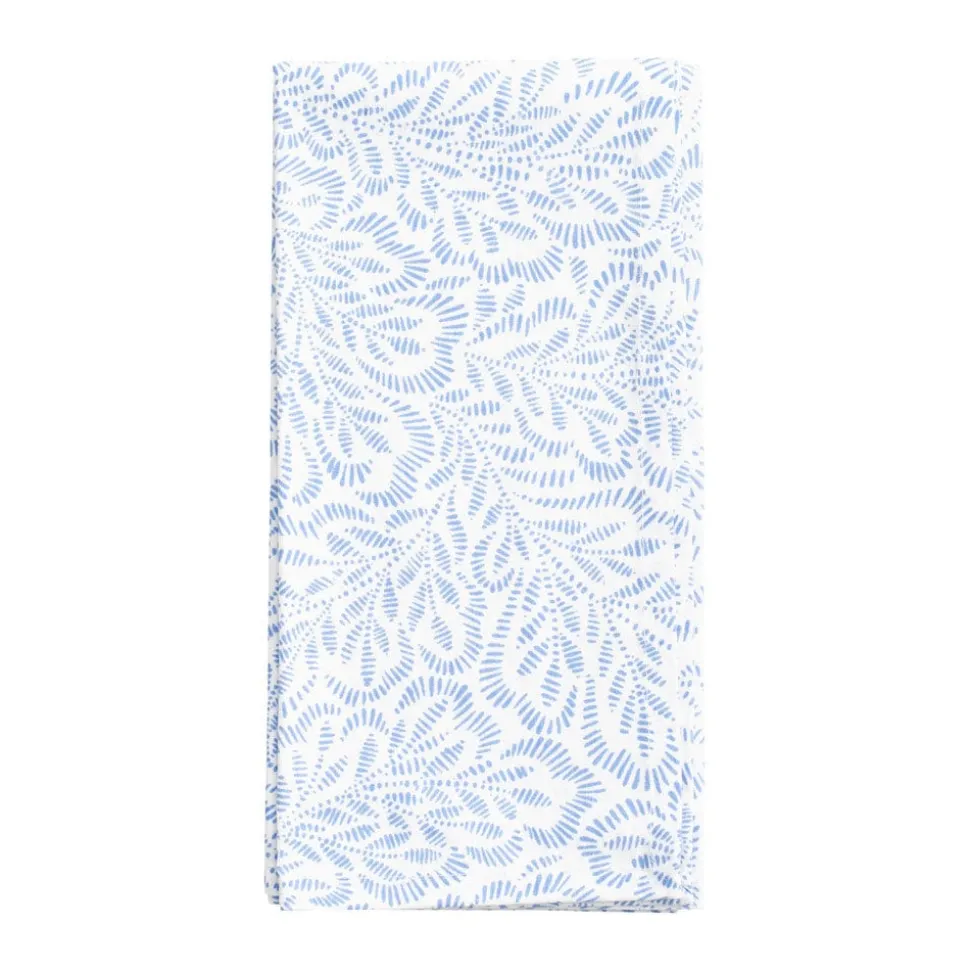 Block Print Leaves Cotton Dinner Napkins in White & Blue - Set of 4