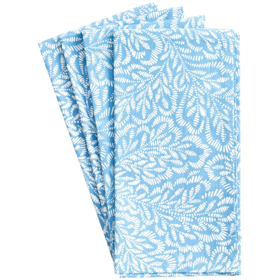 Block Print Leaves Cotton Dinner Napkins in Blue & White - Set of 4