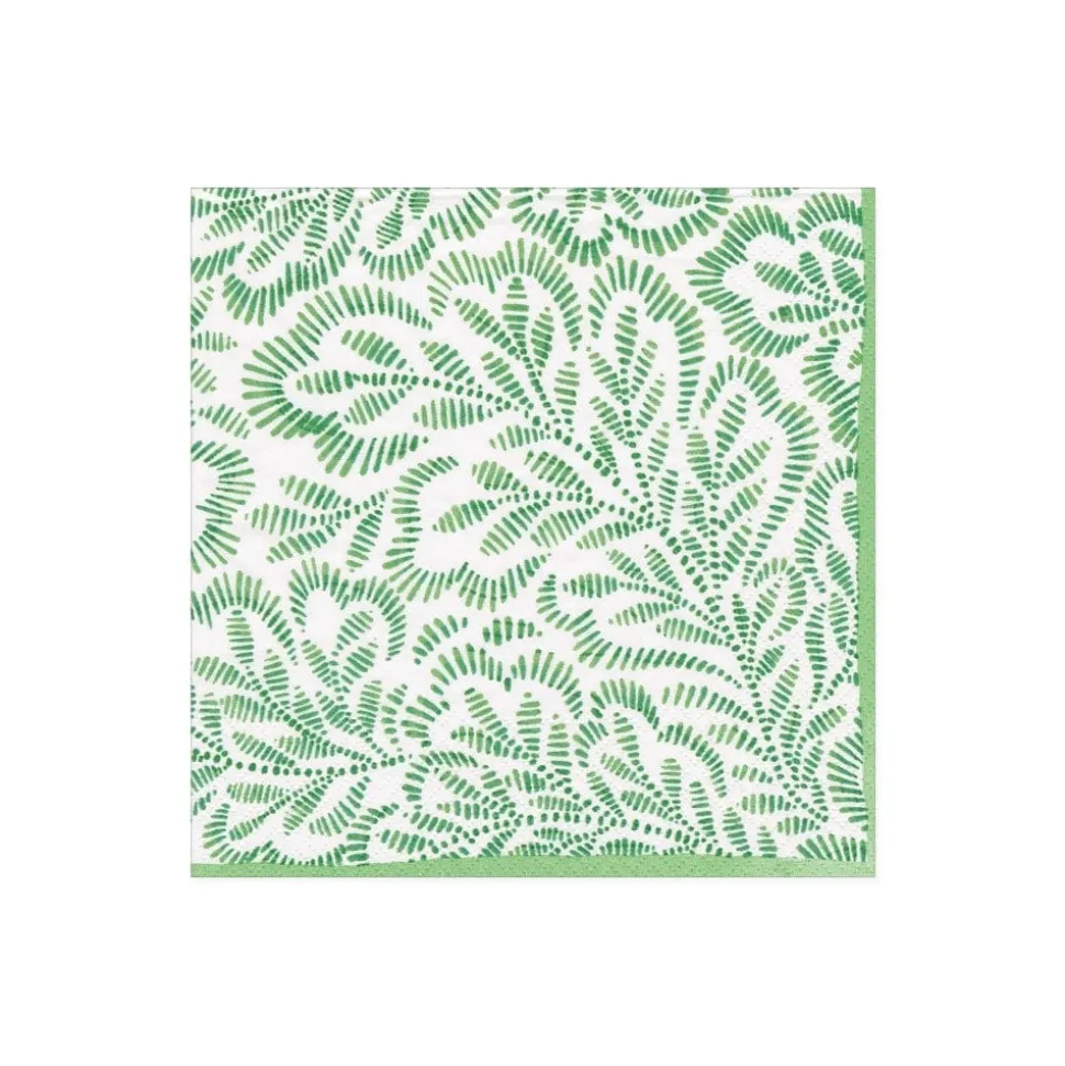 Block Print Leaves Paper Cocktail Napkins in Green - 20 Per Package