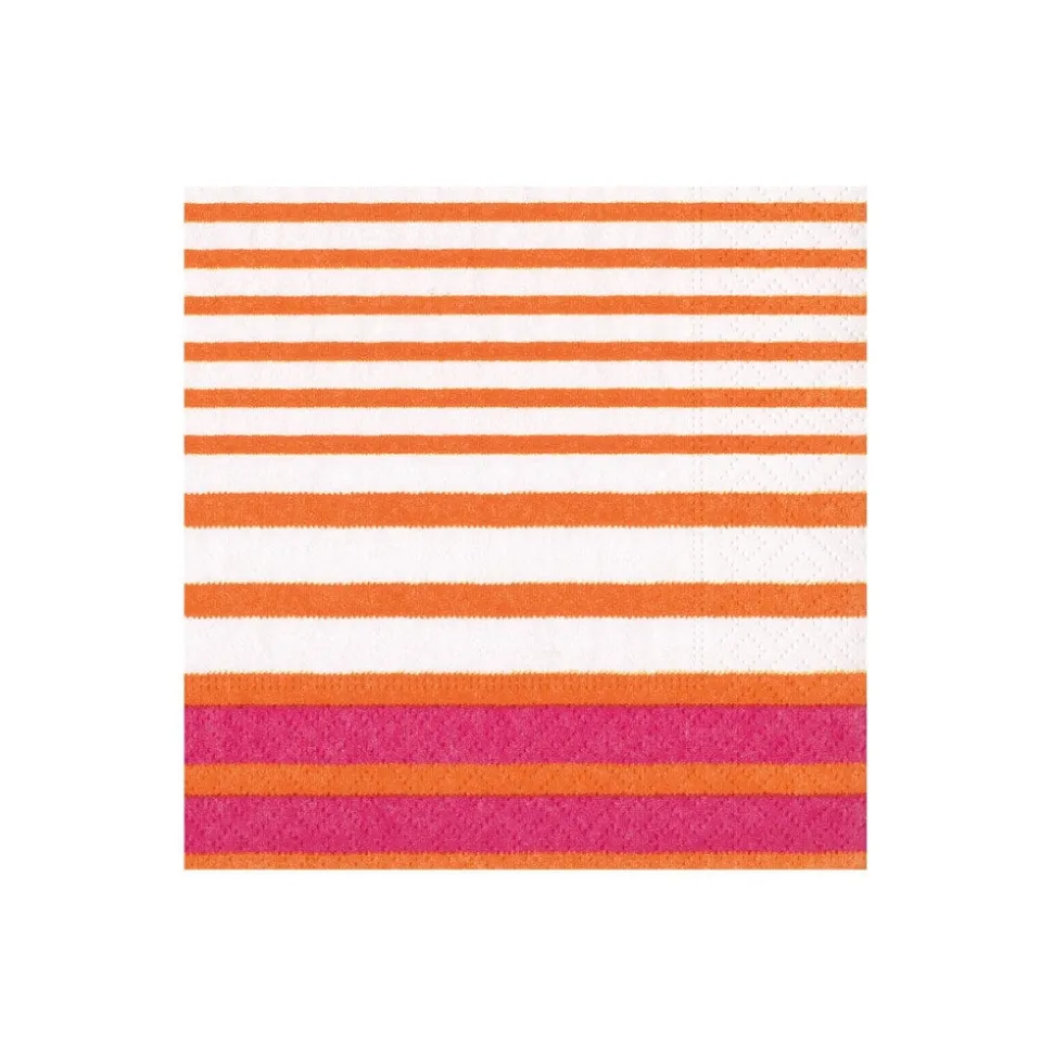 Breton Stripe Paper Cocktail Napkins in Coral & Fuchsia - 20 per Package