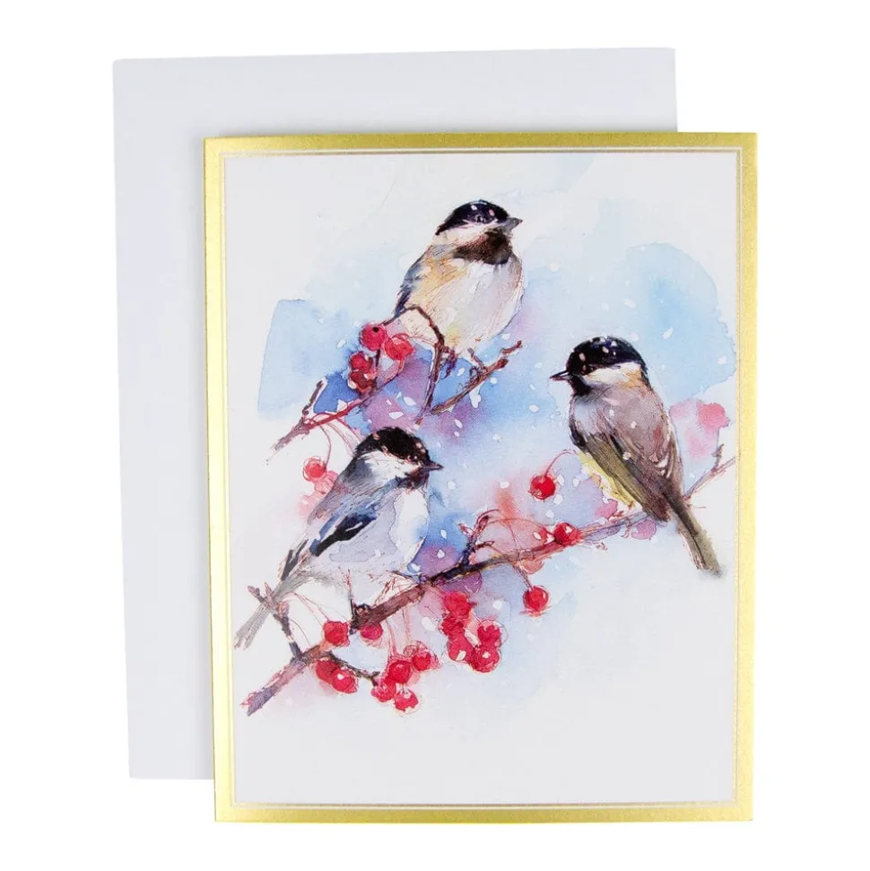 Chickadees And Berry Branches A-Size Boxed Christmas Cards - 15 Cards And Envelopes