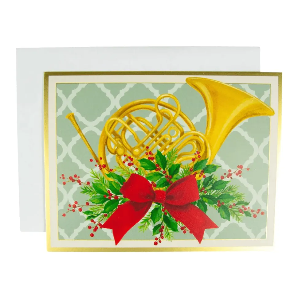 French Horn With Swag Large Boxed Christmas Cards - includes 15 cards & envelopes