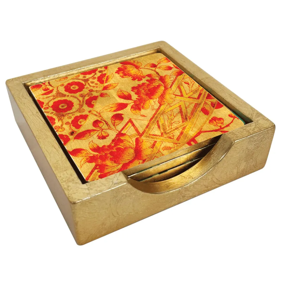 Gilded Porcelain Coral & Gold Coasters - Set Of 4 In Holder