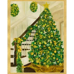Golden Christmas Tree And Staircase Classic Boxed Christmas Cards - includes 15 cards & envelopes