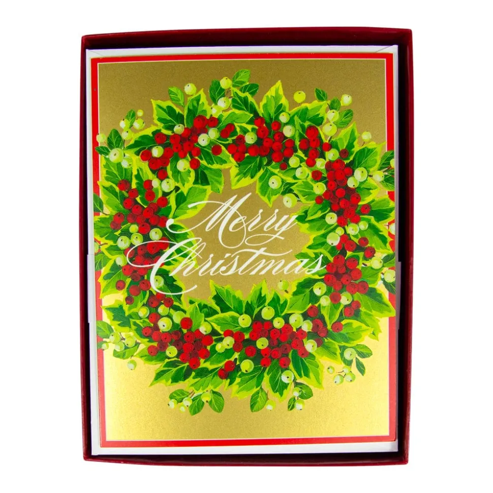 Holly And Berry Wreath Boxed Christmas Cards - 15 Christmas Cards & 15 Envelopes
