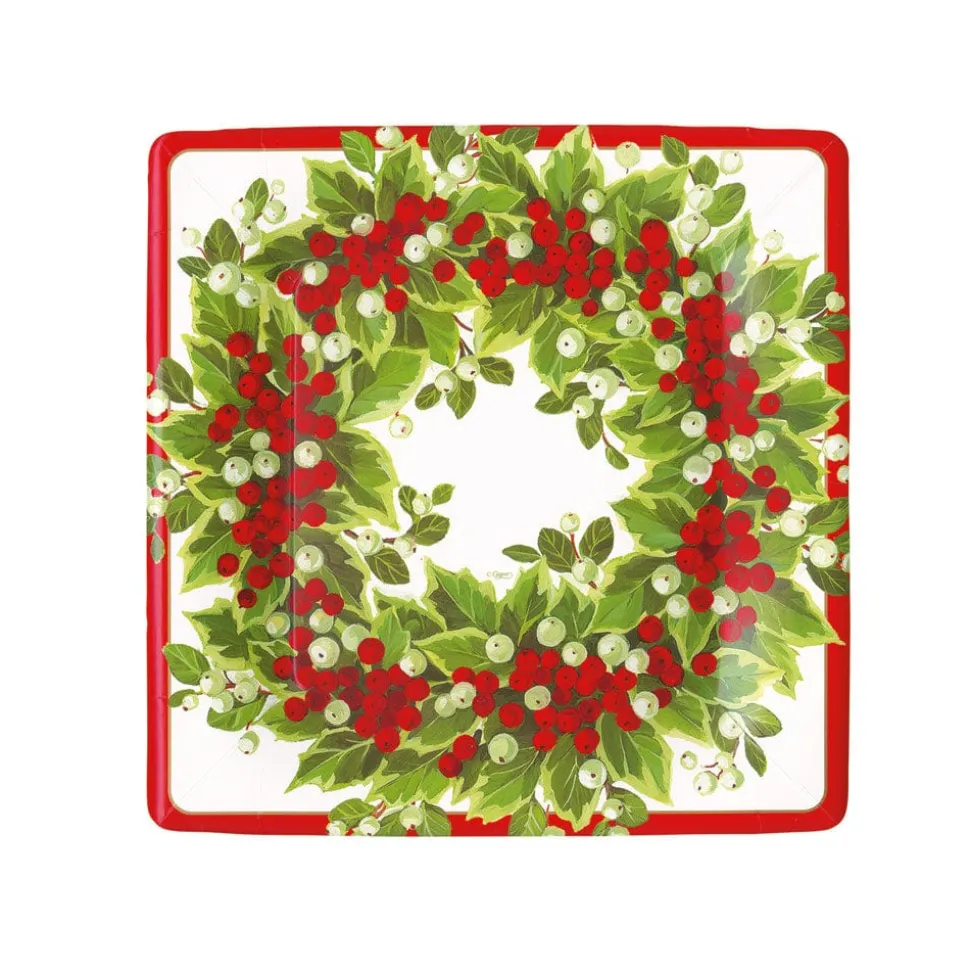 Holly and Berry Wreath Paper Salad & Dessert Plates - 8 Per Package