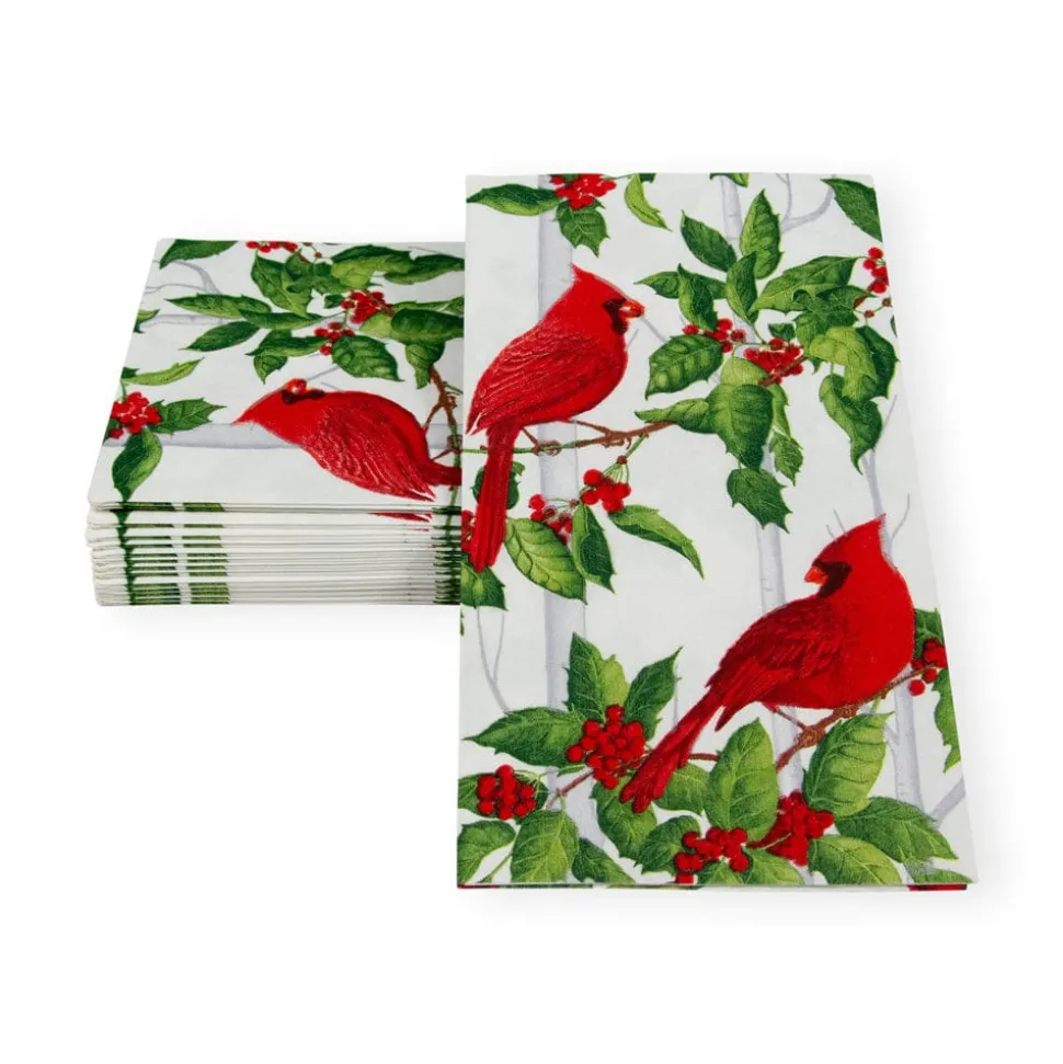 Holly And Songbirds White & Silver Guest Towel Napkins - 15 Per Package