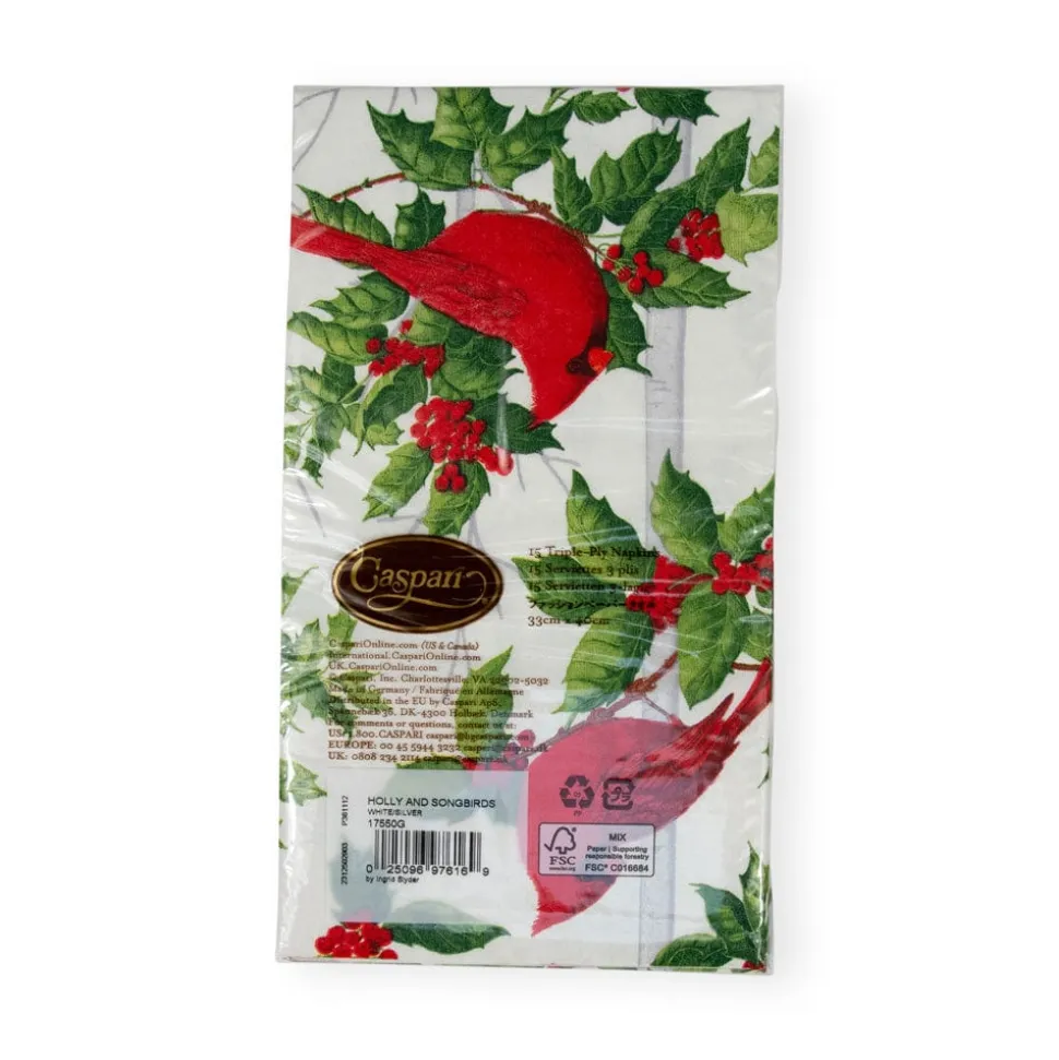 Holly And Songbirds White & Silver Guest Towel Napkins - 15 Per Package