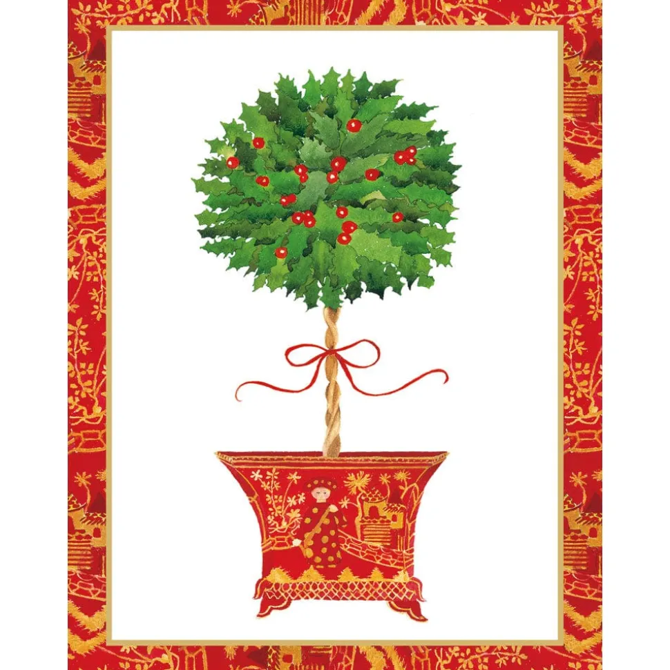 Holly Topiary In Red Pot Classic Boxed Christmas Cards - includes 15 cards & envelopes