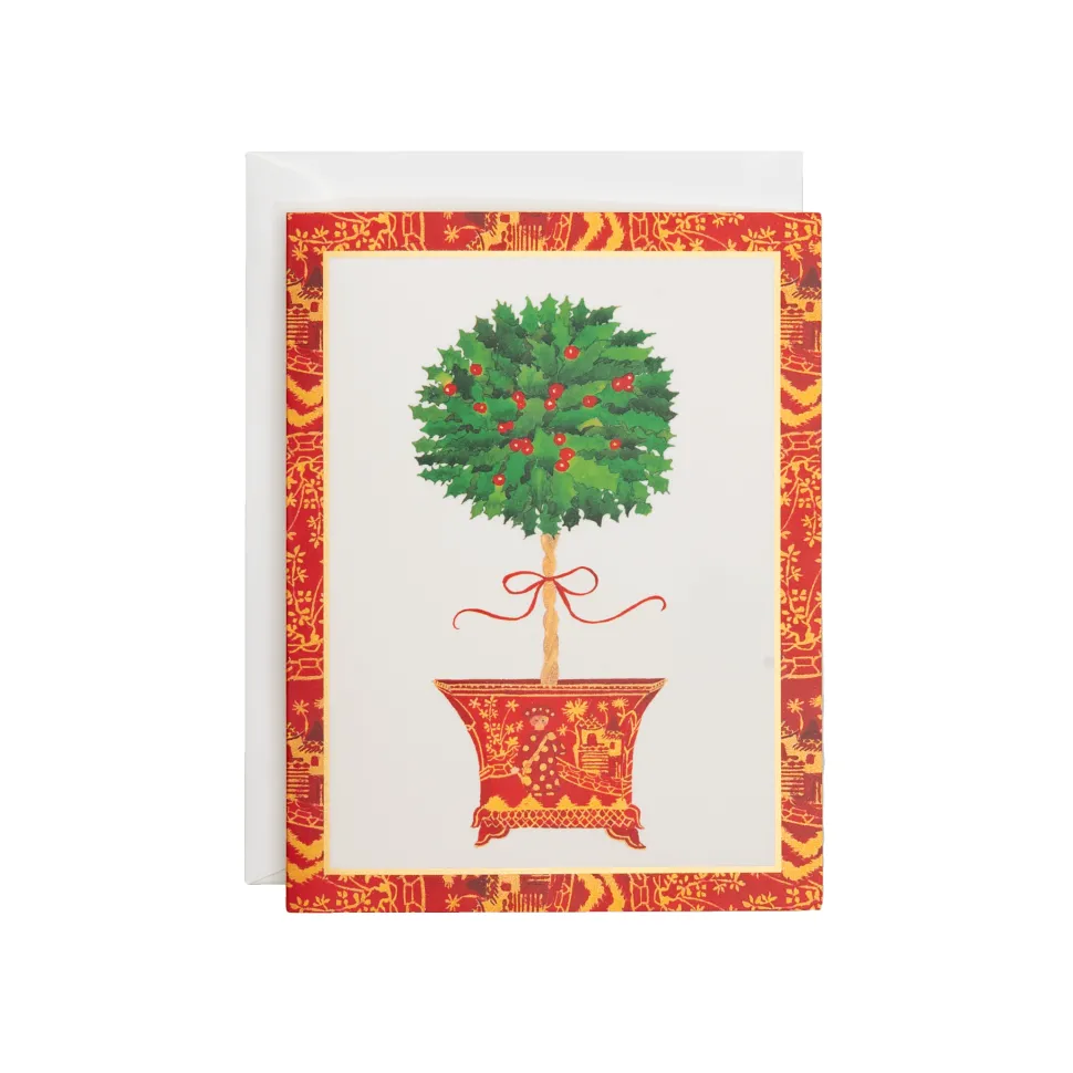 Holly Topiary In Red Pot Classic Boxed Christmas Cards - includes 15 cards & envelopes