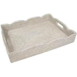 Large Scalloped Rattan Tray in Cream- 19.5"L x 15.75"W x 4"H
