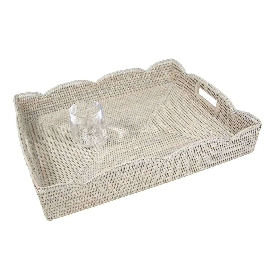 Large Scalloped Rattan Tray in Cream- 19.5"L x 15.75"W x 4"H