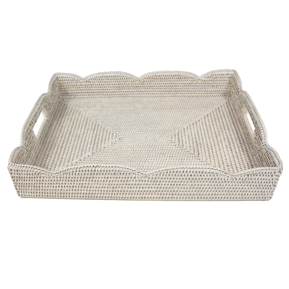 Large Scalloped Rattan Tray in Cream- 19.5"L x 15.75"W x 4"H