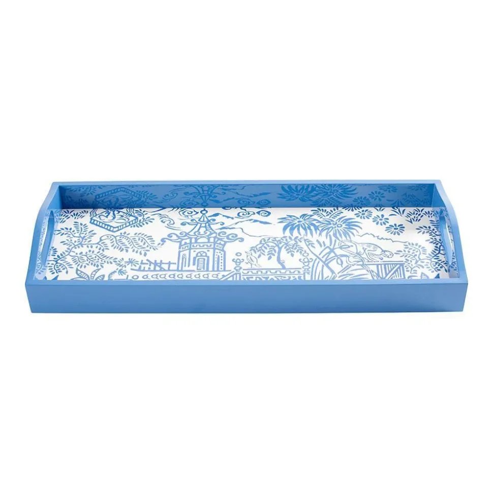 Pagoda Toile Lacquer Bar Tray in Blue - 1 Each