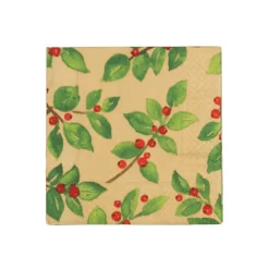 Painted Holly Gold Recycled Cocktail Napkins - includes 20 Cocktail Napkins