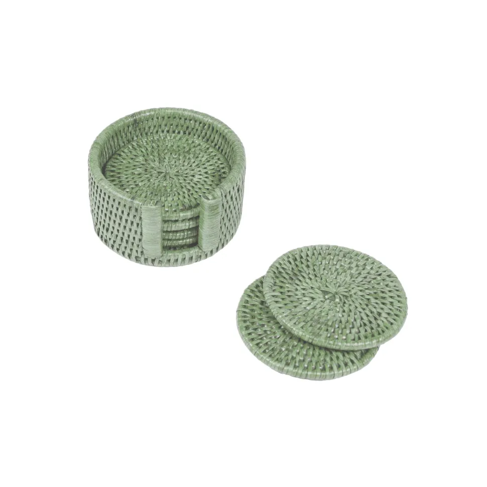 Rattan Round Coaster and Holder Set in Green - Set of 6 Coasters and 1 Napkin Holder