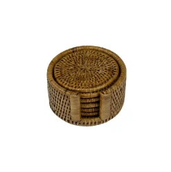 Rattan Round Coaster and Holder Set in Natural - Set of 6 Coasters and 1 Napkin Holder