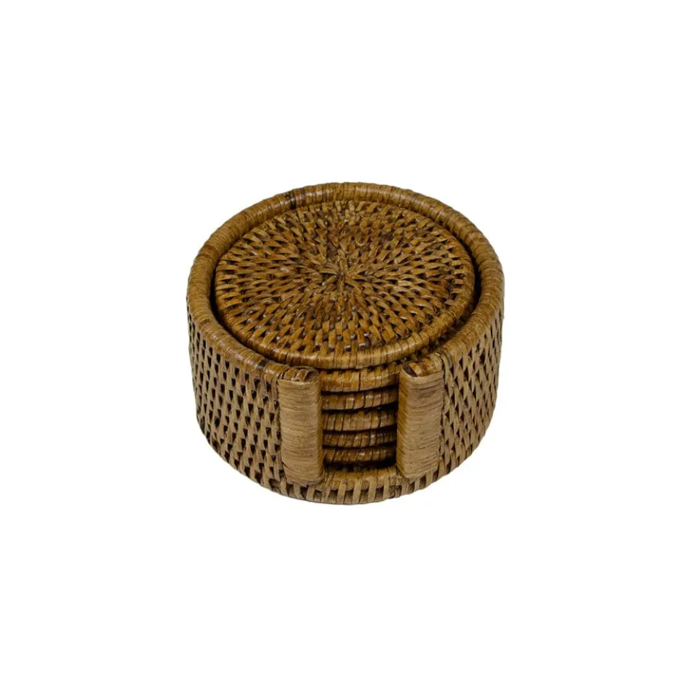 Rattan Round Coaster and Holder Set in Natural - Set of 6 Coasters and 1 Napkin Holder