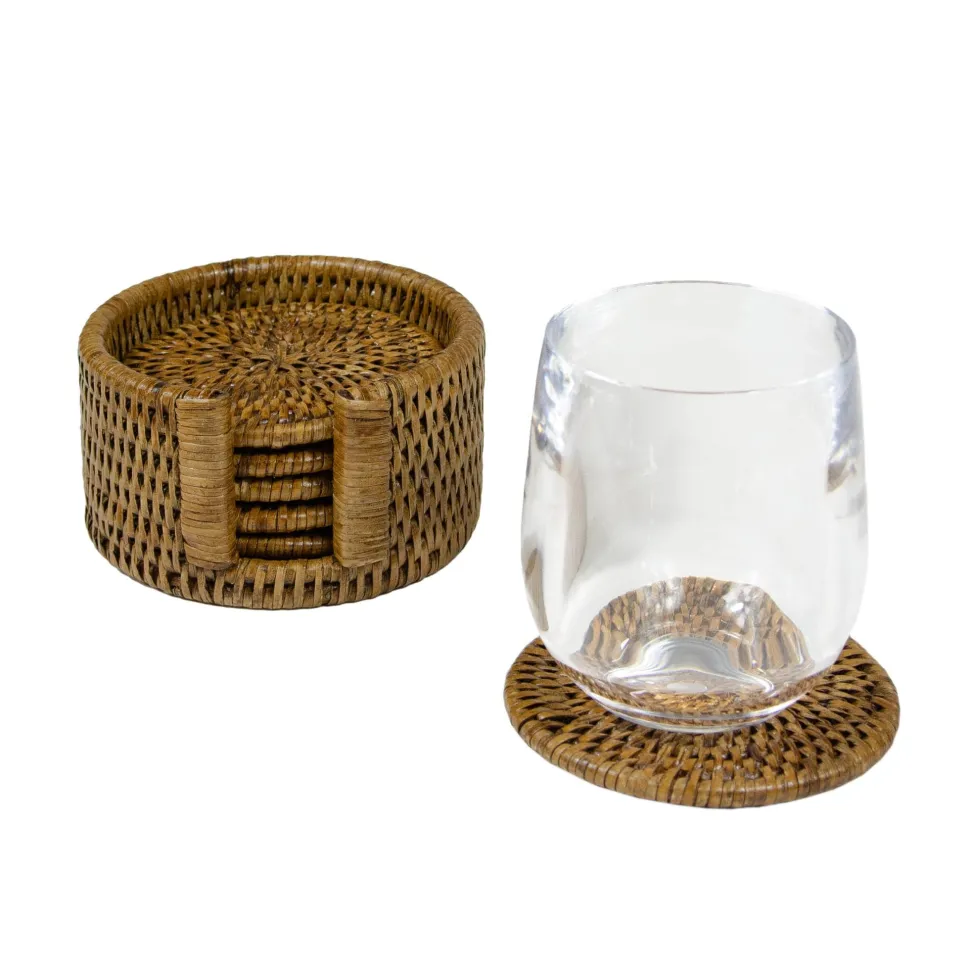 Rattan Round Coaster and Holder Set in Natural - Set of 6 Coasters and 1 Napkin Holder