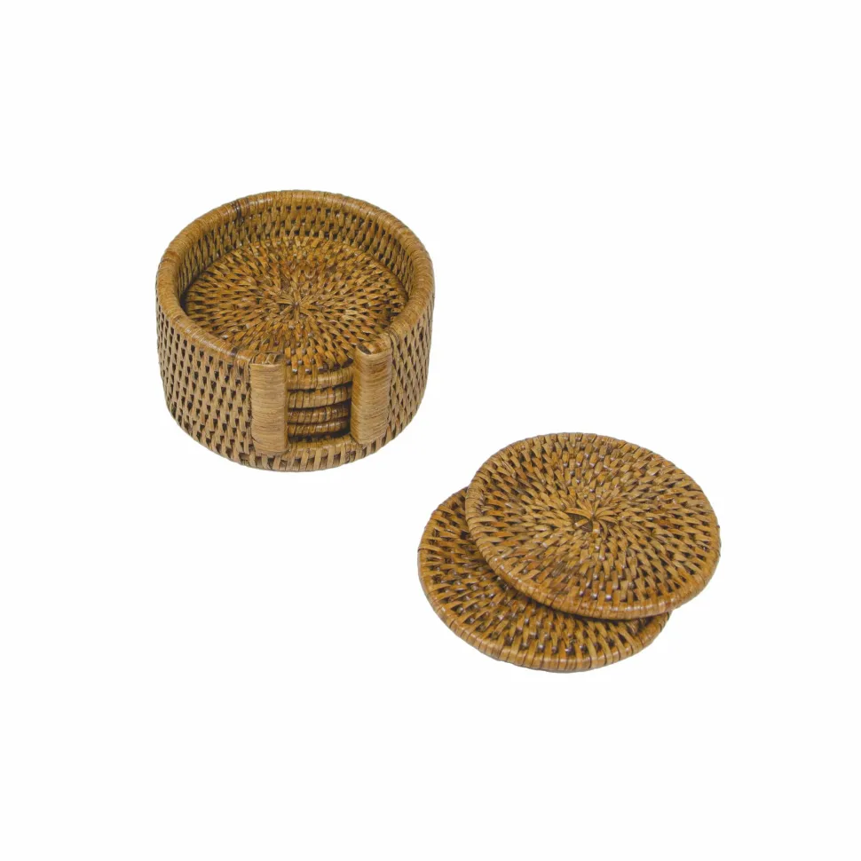 Rattan Round Coaster and Holder Set in Honey - Set of 6 Coasters and 1 Napkin Holder