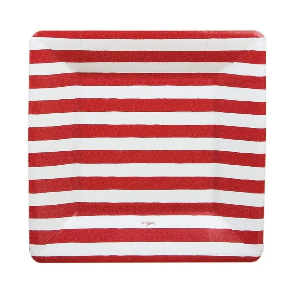 Red and White Stripe Square Paper Salad & Dessert Plates - 8 Per Package