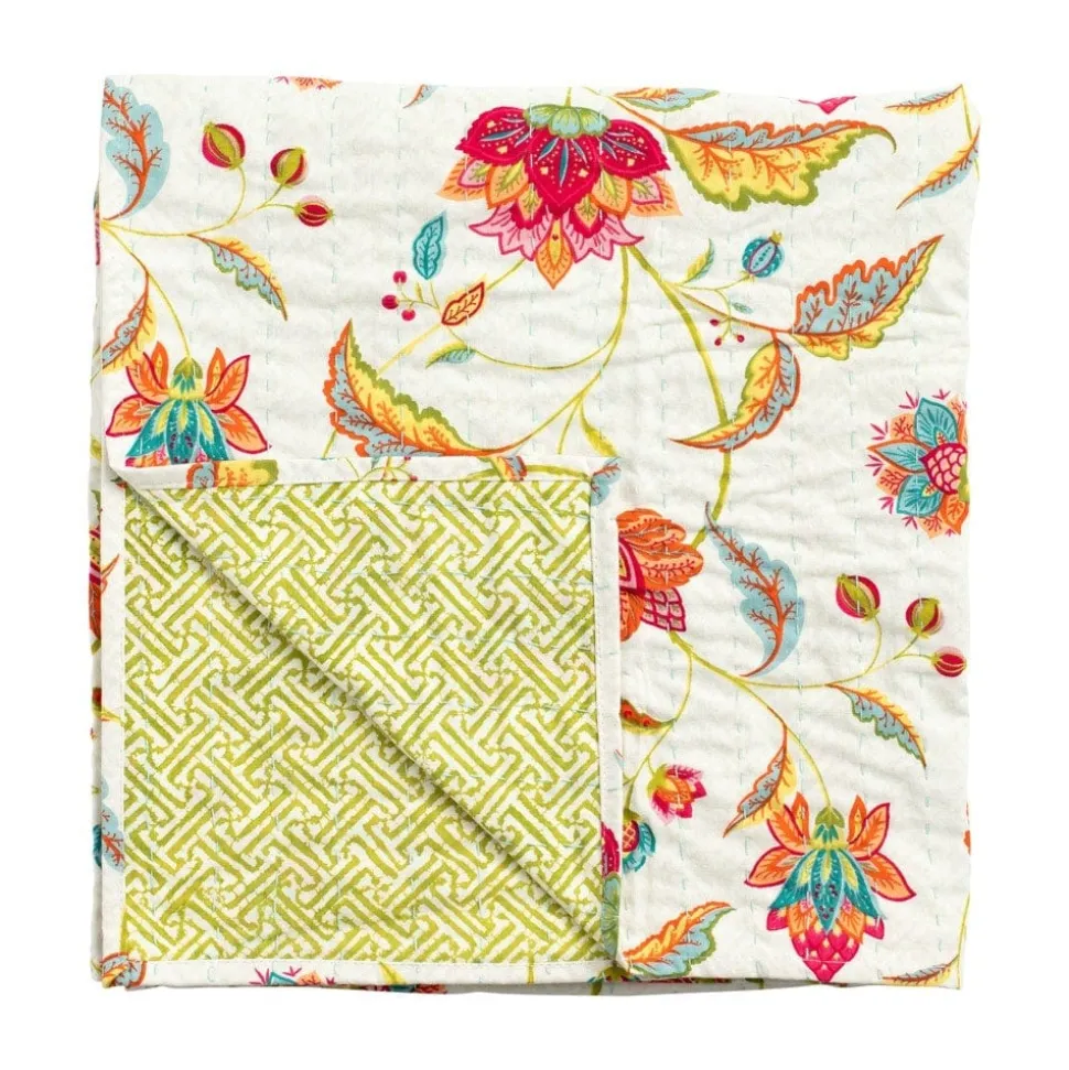 Reversible Kantha Table Cover in Passage to India & Green Fretwork - 1 Each