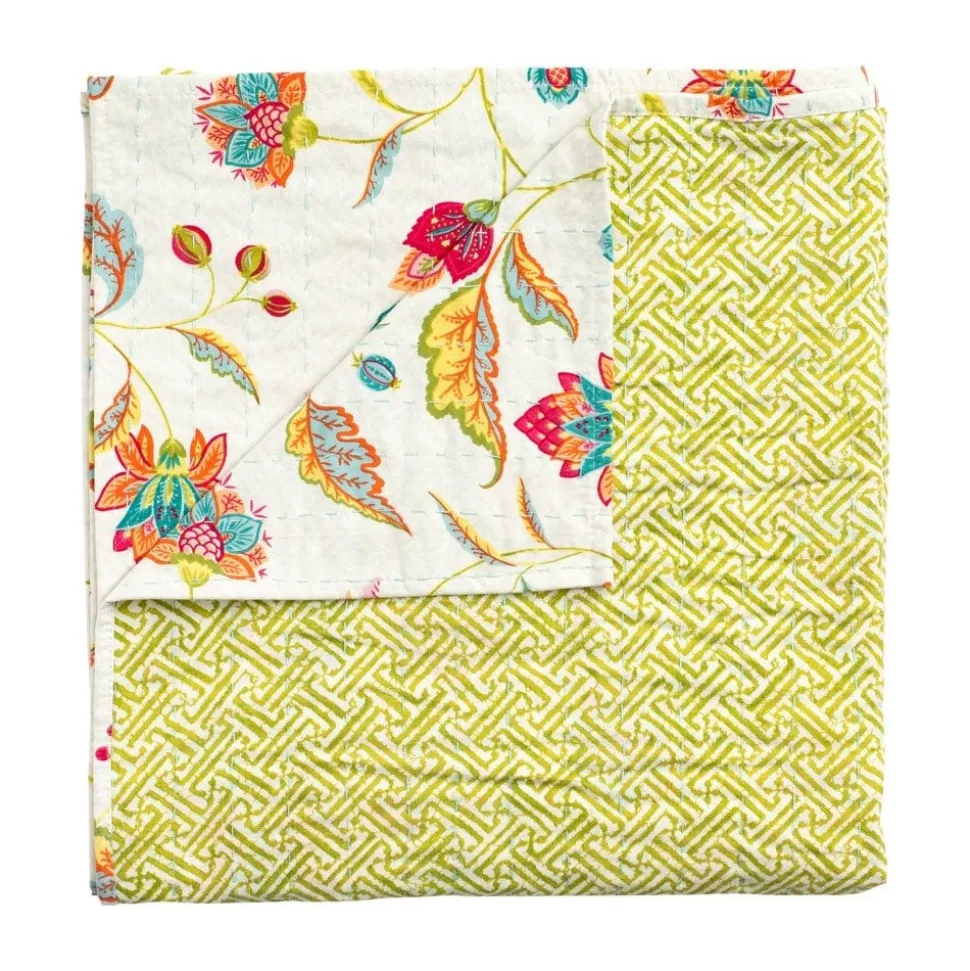 Reversible Kantha Table Cover in Passage to India & Green Fretwork - 1 Each