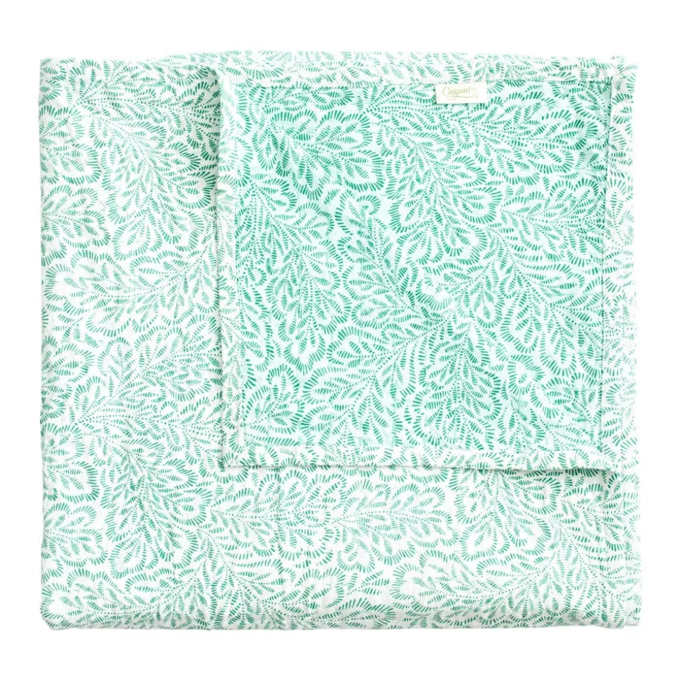 Reversible Kantha Table Cover in Green Block Print Leaves - 1 Each