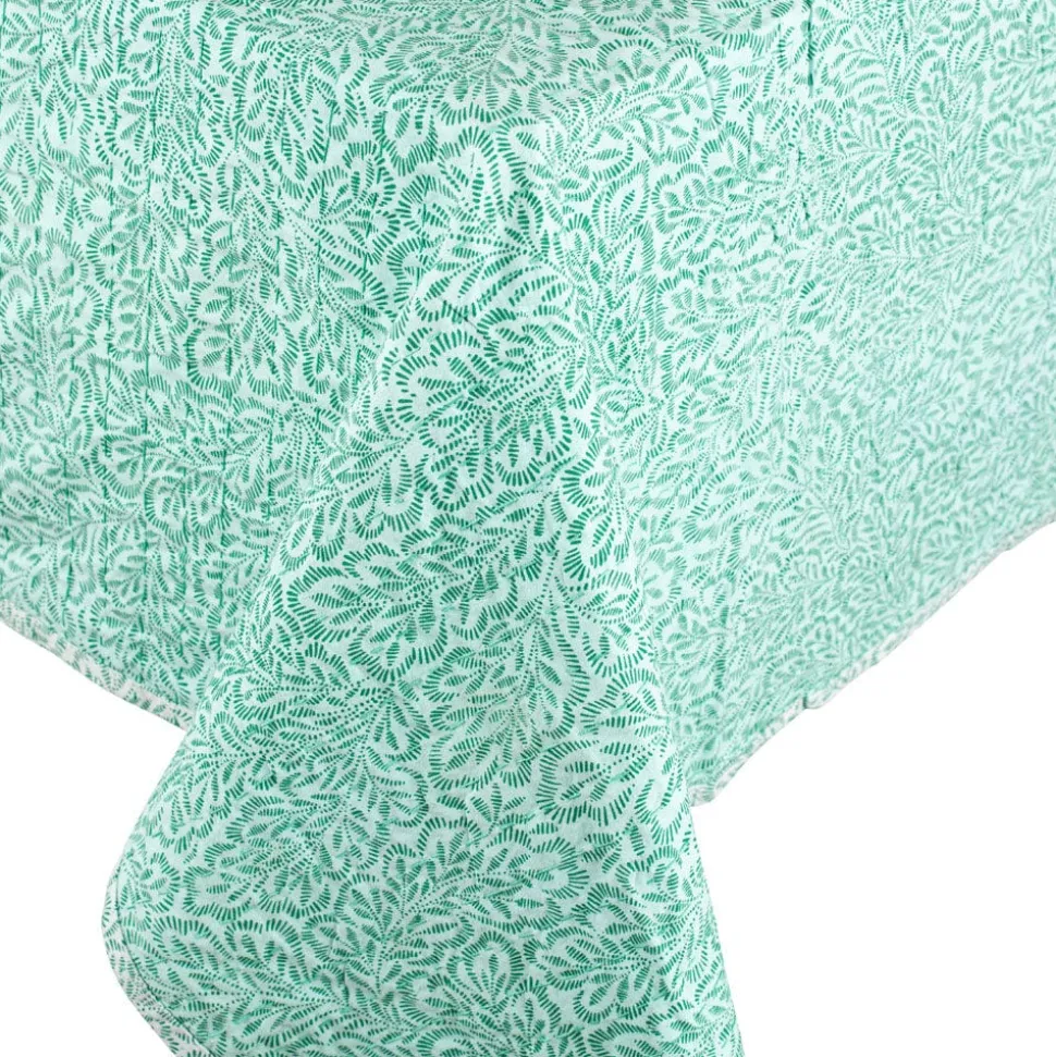 Reversible Kantha Table Cover in Green Block Print Leaves - 1 Each