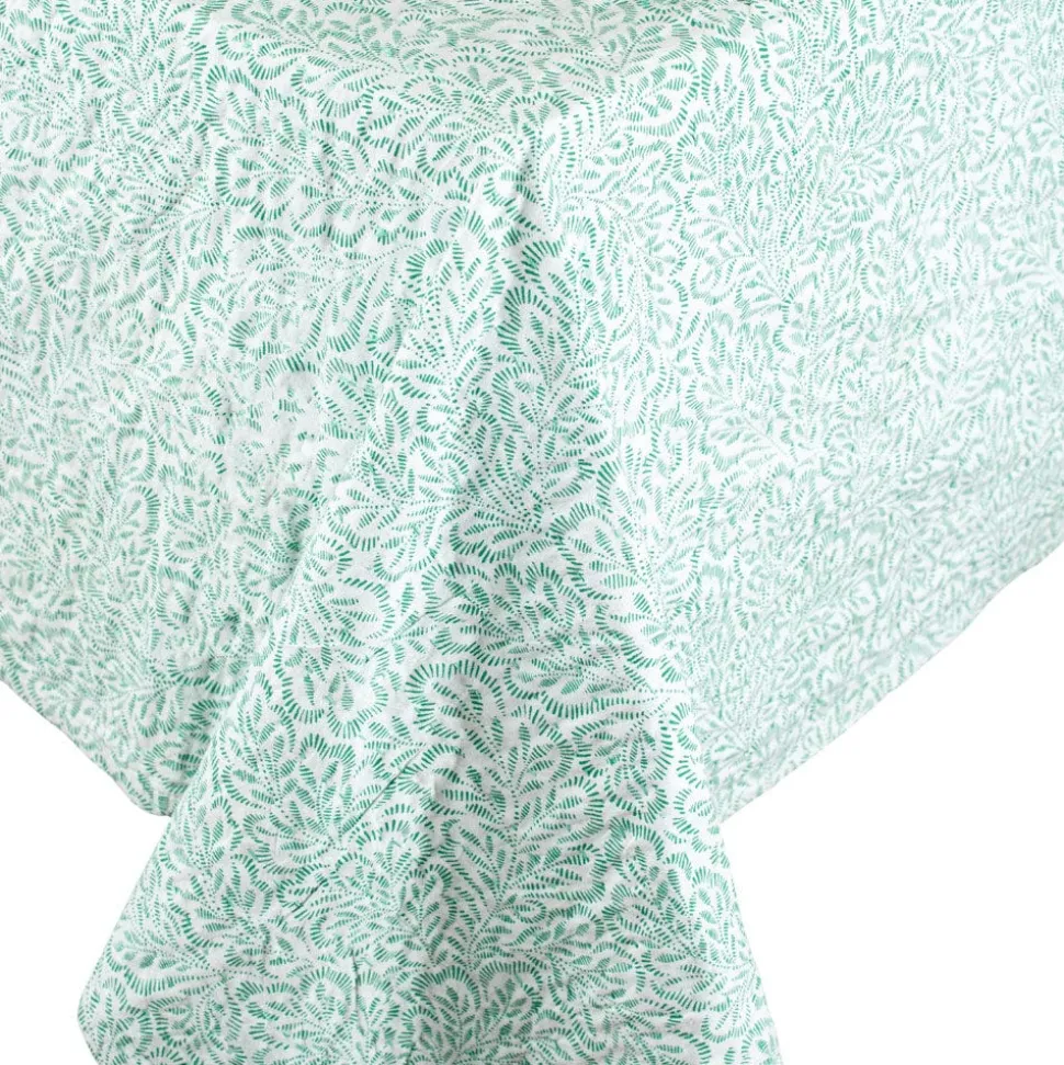 Reversible Kantha Table Cover in Green Block Print Leaves - 1 Each