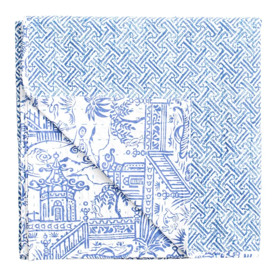 Reversible Kantha Table Cover in Blue & White Pagoda Toile - 1 Each