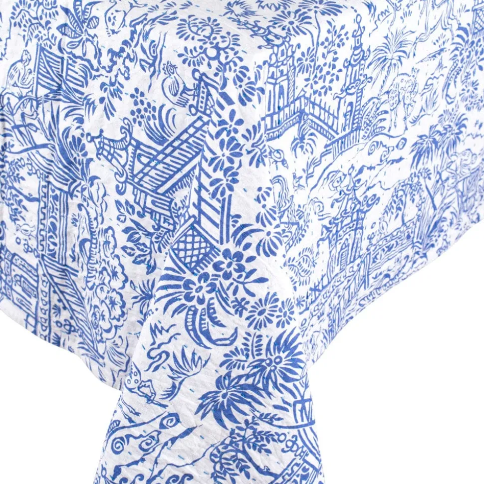 Reversible Kantha Table Cover in Blue & White Pagoda Toile - 1 Each