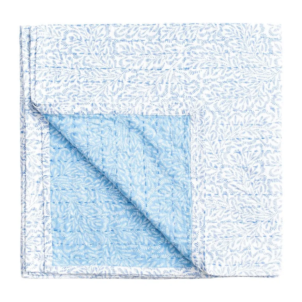 Reversible Kantha Table Cover in Blue Block Print Leaves - 1 Each