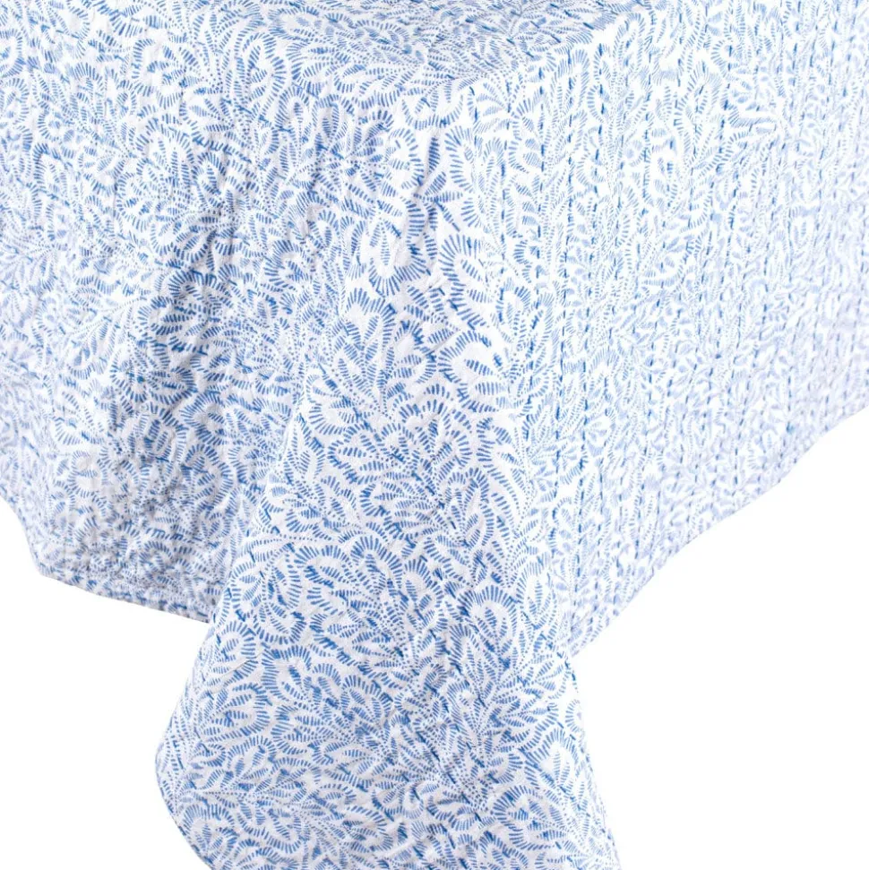 Reversible Kantha Table Cover in Blue Block Print Leaves - 1 Each
