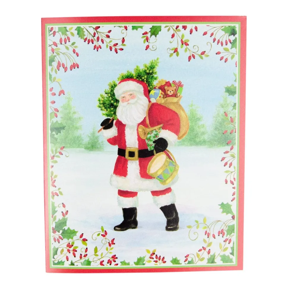 Santa With Botanical Border A-Size Boxed Christmas Cards - 15 Cards And Envelopes