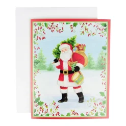 Santa With Botanical Border A-Size Boxed Christmas Cards - 15 Cards And Envelopes