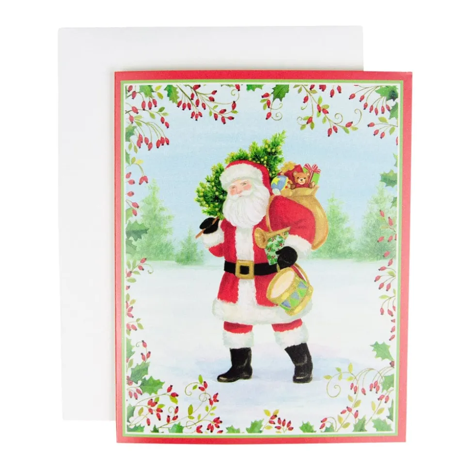 Santa With Botanical Border A-Size Boxed Christmas Cards - 15 Cards And Envelopes