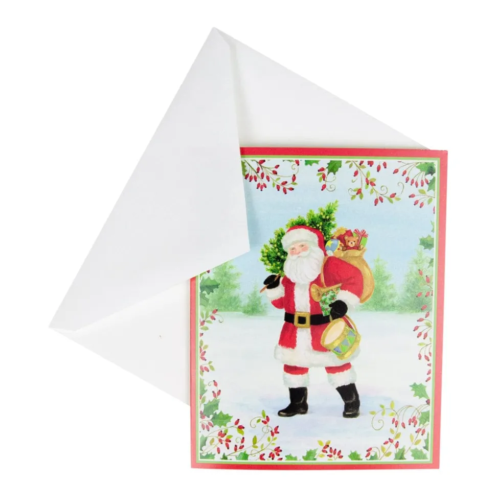 Santa With Botanical Border A-Size Boxed Christmas Cards - 15 Cards And Envelopes
