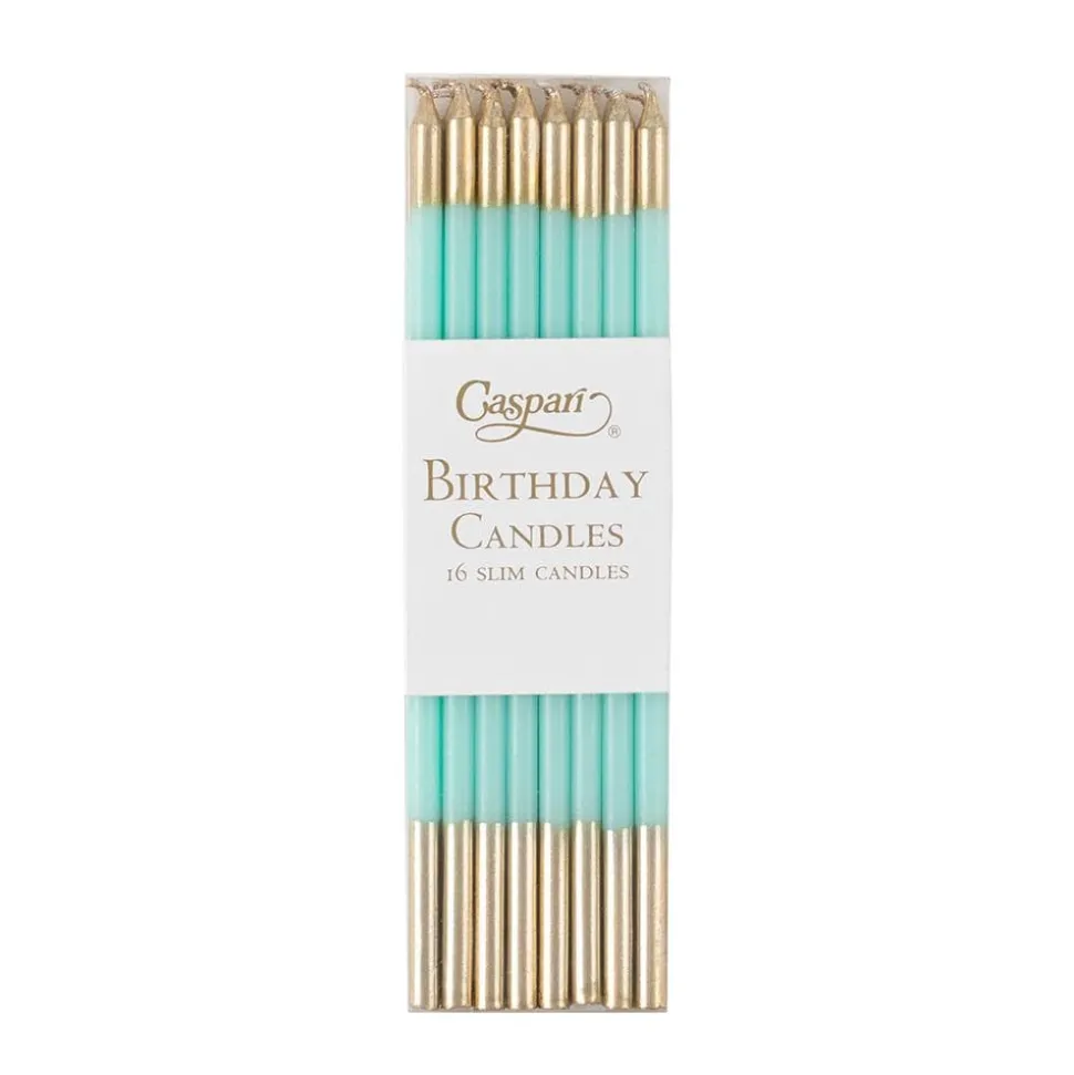 Slim Birthday Candles in Robin's Egg & Gold - 16 Candles Per Package