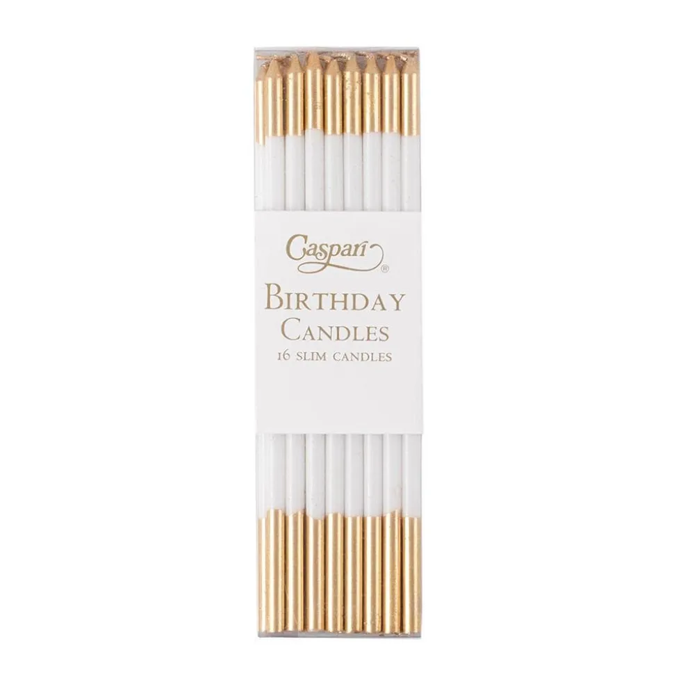 Slim Birthday Candles in White & Gold - 16 Candles Per Package