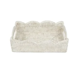 Small Scalloped Rattan Tray in Cream - 11.75"L x 7.75"W x 3.5"H