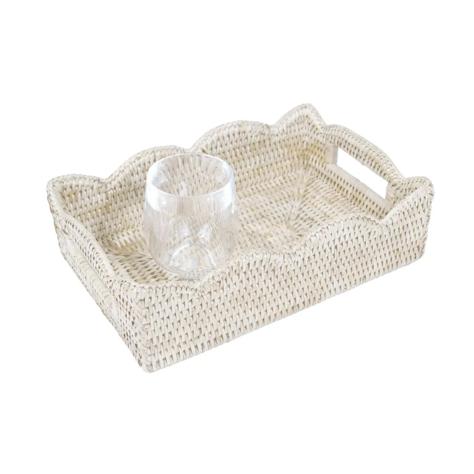 Small Scalloped Rattan Tray in Cream - 11.75"L x 7.75"W x 3.5"H