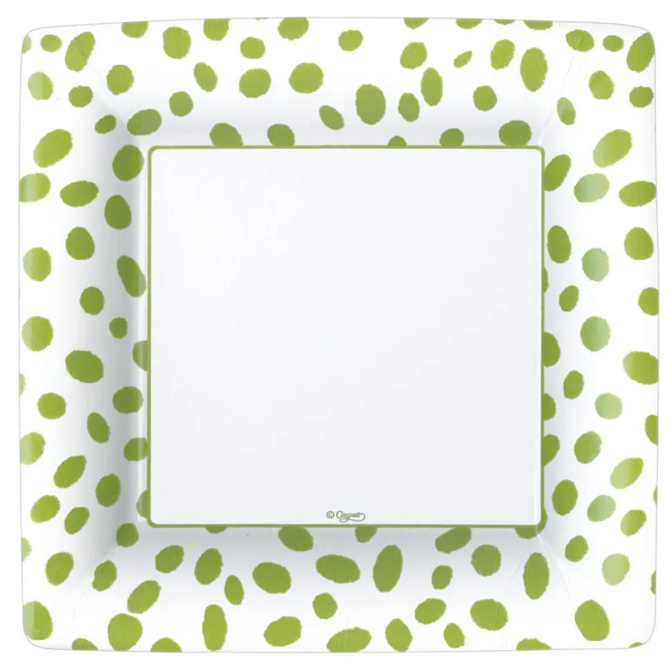 Spots Square Paper Dinner Plates in Green - 8 Per Package