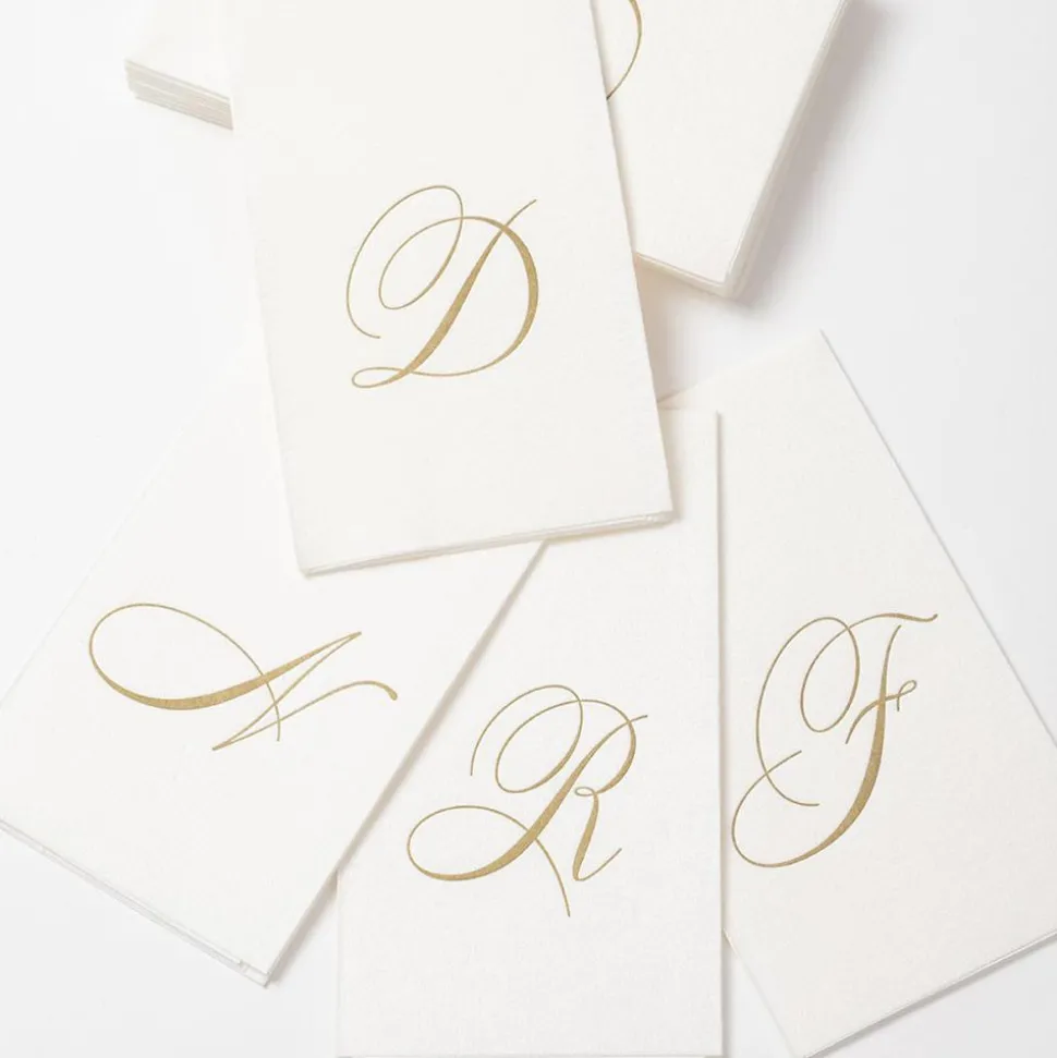 White Pearl & Gold Paper Linen Single Initial Boxed Guest Towel Napkins - 24 Per Package