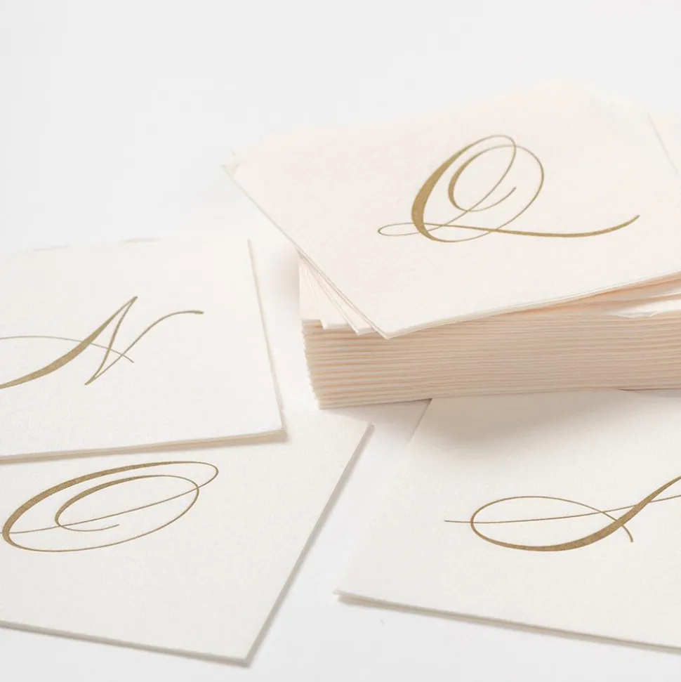 White Pearl & Gold Paper Linen Single Initial Boxed Cocktail Napkins - 30 Per Box