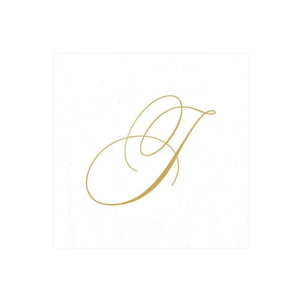White Pearl & Gold Paper Linen Single Initial Boxed Cocktail Napkins - 30 Per Box