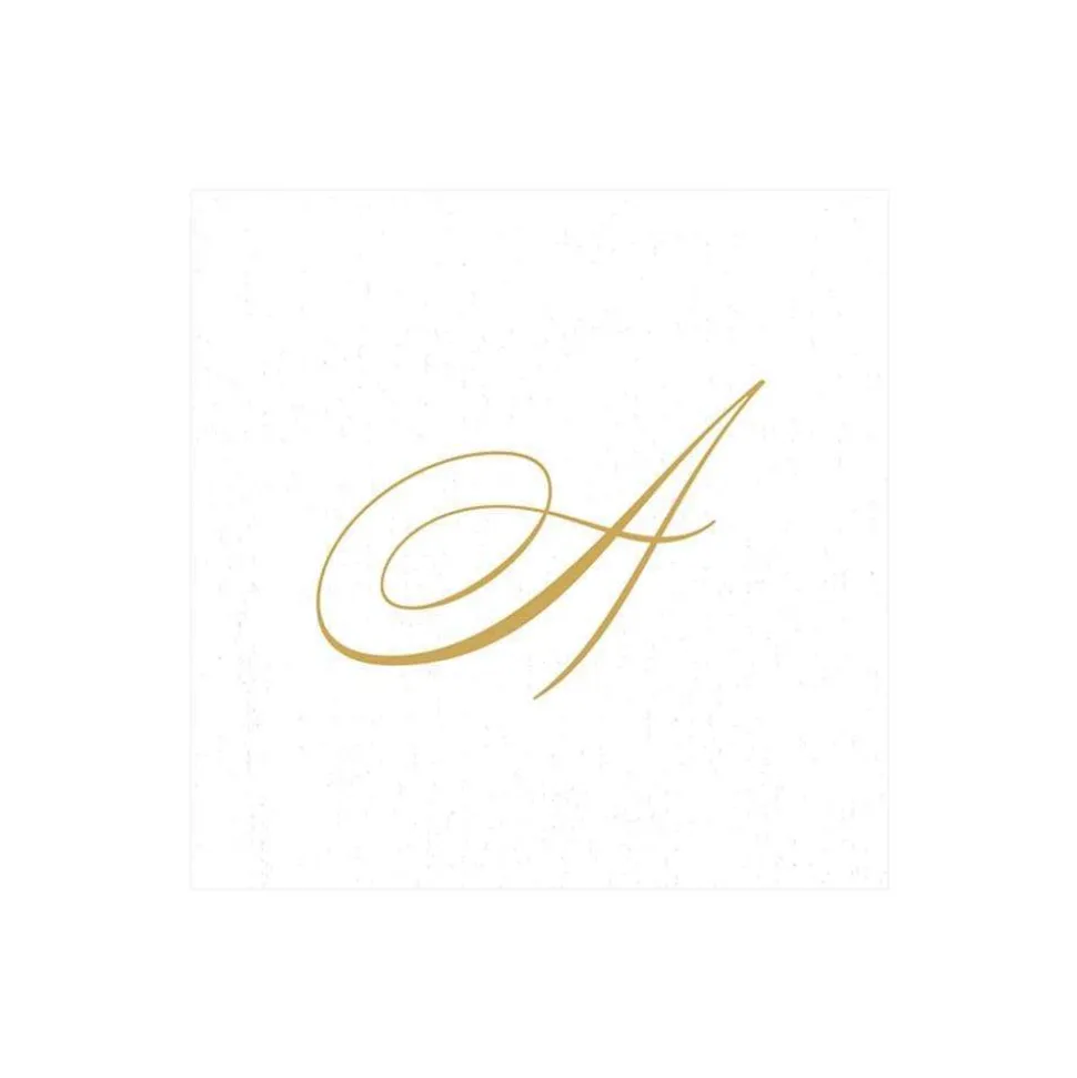 White Pearl & Gold Paper Linen Single Initial Boxed Cocktail Napkins - 30 Per Box